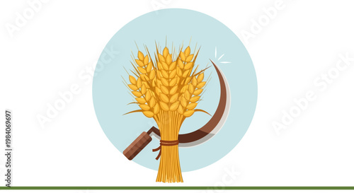 Golden wheat sheaf and sickle illustration for harvest and agriculture.