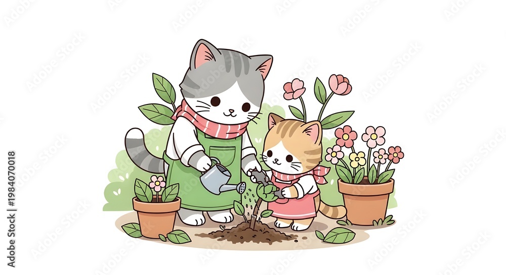 Fototapeta premium mother an cat kitten in the garden watery a flower