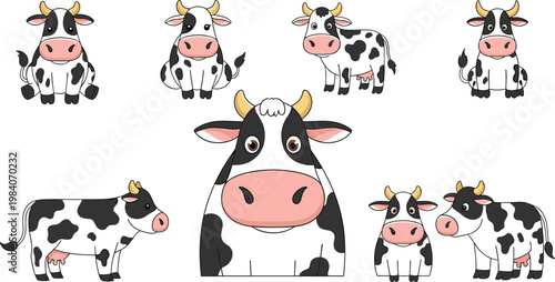 Cute Cow Cartoon Collection with Different Poses Standing Sitting and Face Expression Farm Animal Character Vector Illustration Set