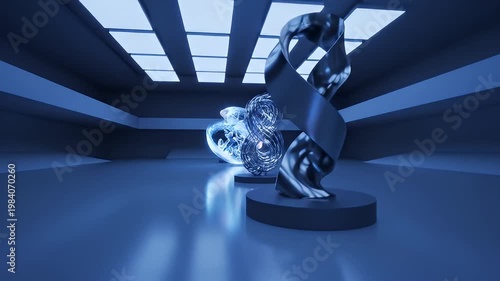 Futuristic blue room with glowing energy screen and abstract spheres