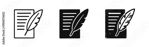 Document with Feather Quill Icon Set - Classic Literature, Poetry, and Traditional Writing Symbols