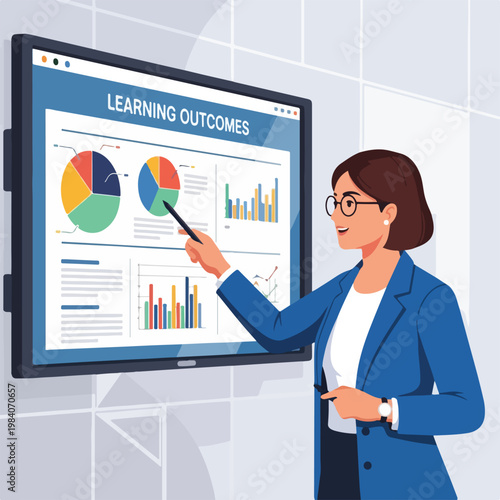 Woman pointing at business presentation screen.