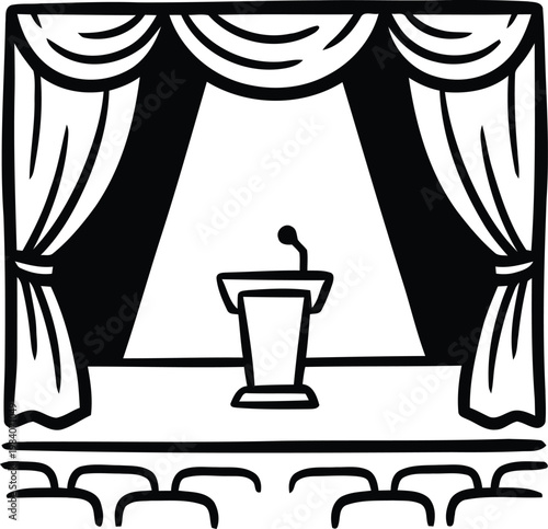 Hand-drawn vector sketch of an auditorium stage featuring a speech podium, spotlight, and open curtains for public speaking concepts, on a transparent background.