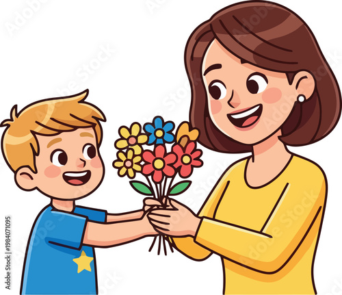 A young boy giving flowers to a woman.
