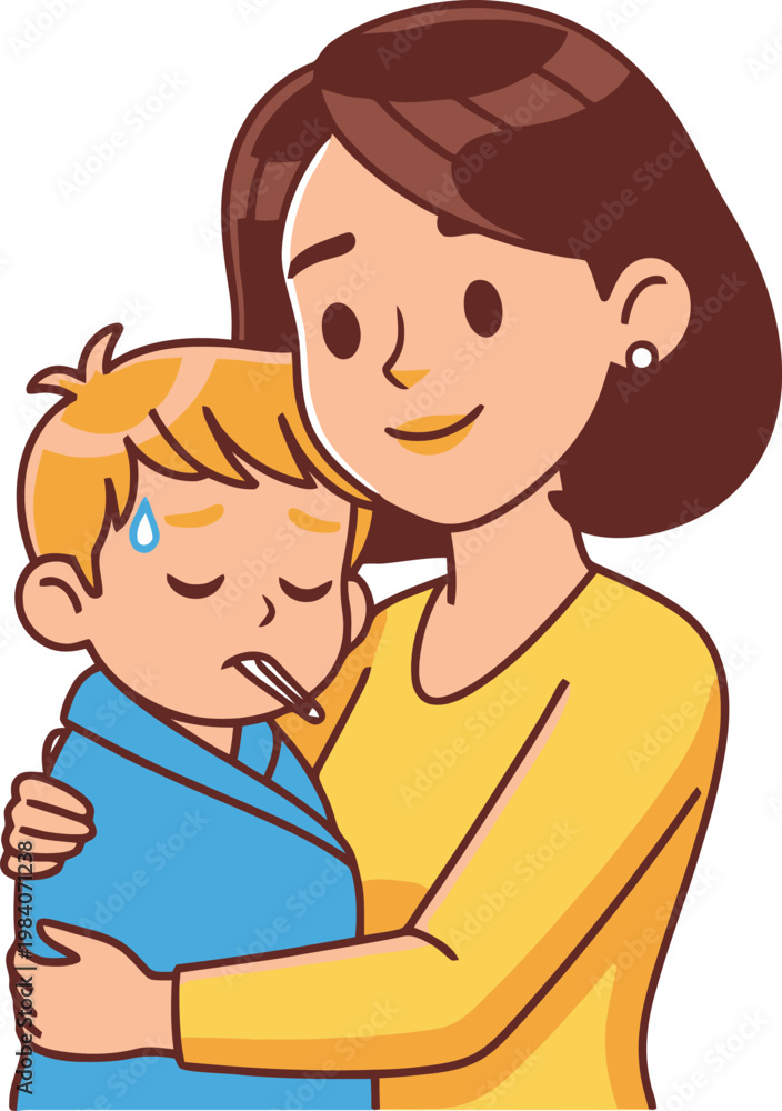 Fototapeta premium Mother comforting sick child with thermometer.