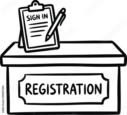Hand-drawn sketch vector illustration of a registration desk featuring a sign-in clipboard and pen, ideal for event and reception concepts on a transparent background.
