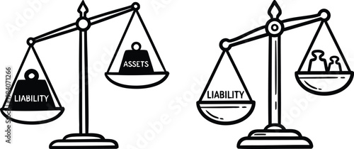 Hand-drawn vector illustration of a traditional balance scale weighing assets versus liability, representing financial accounting and business equity, isolated on a transparent background.