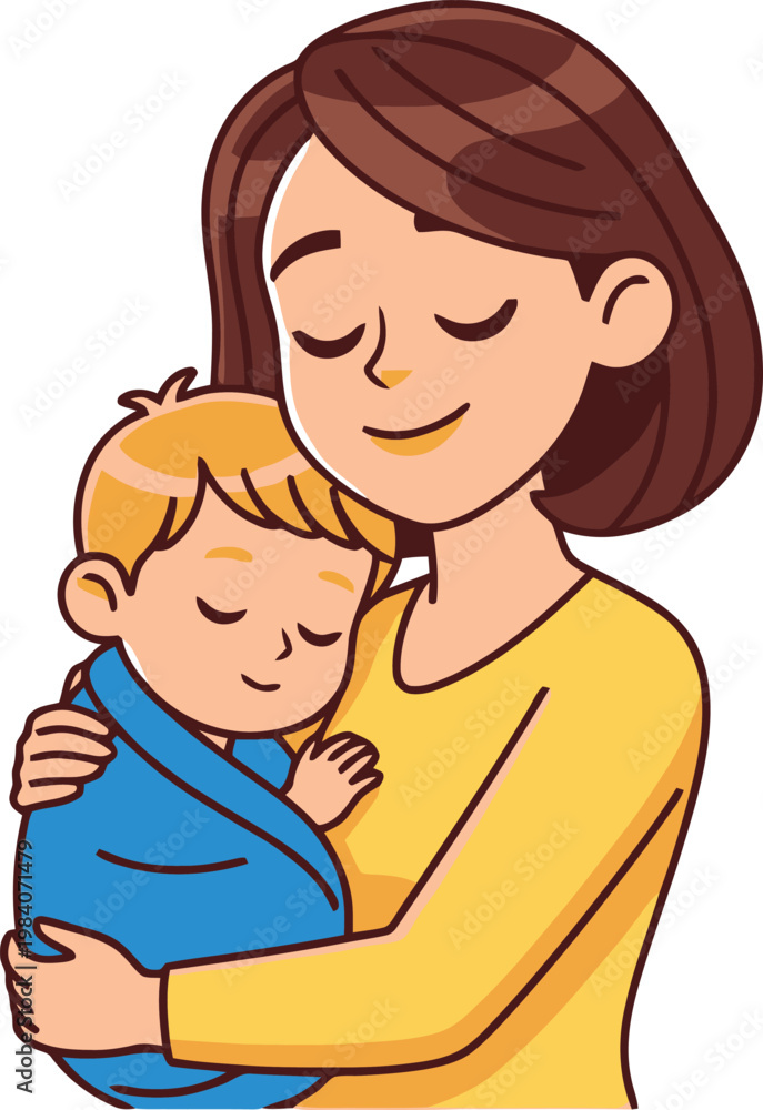 Fototapeta premium A cartoon woman hugging a sleeping baby.