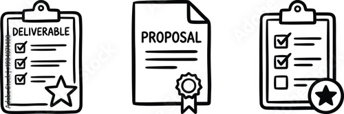 Hand-drawn doodle illustration of business deliverables and proposals featuring clipboards, checklists with stars, and certified official documents, isolated on a transparent background.
