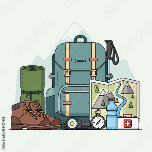 A cartoon illustration of hiking gear and accessories