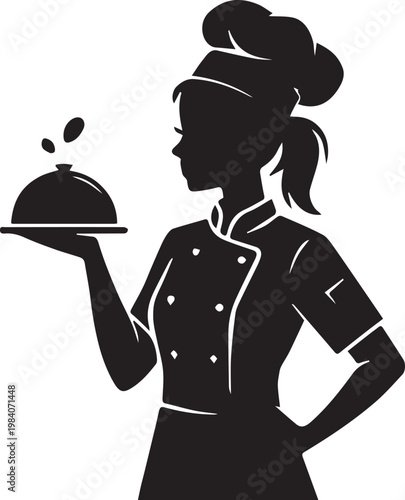 Standing waiter and waitress silhouettes in business suits are shown as a vector illustration of people serving food in a cartoon fashion art style.