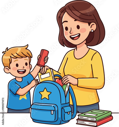 Mother and son preparing school bag.