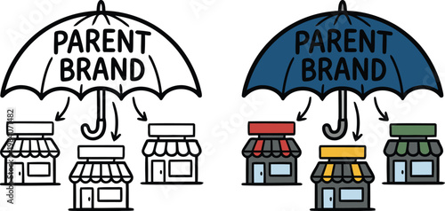 Hand-drawn vector sketch illustrating a parent brand concept with a large protective umbrella sheltering multiple smaller retail store branches below, isolated on a transparent background.