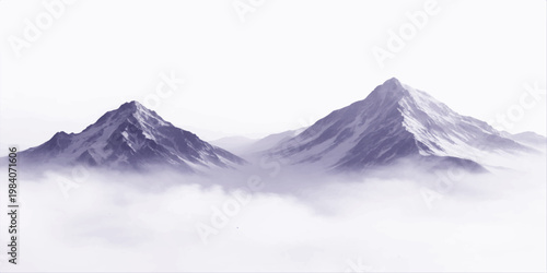 A vast winter landscape features the snow covered peak of Mount Hood, a high volcanic rock top reaching toward a cold sky filled with clouds over the Oregon mountain range scenery