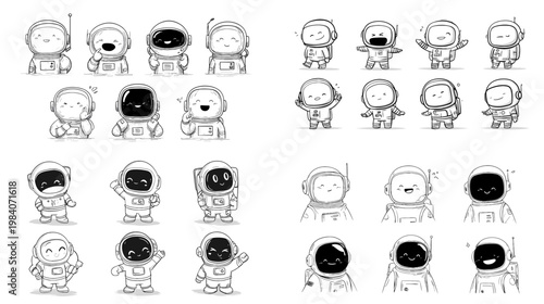 Funny astronaut doodle set with cute space characters and tiny aliens in simple hand drawn style for nursery posters stickers games and creative design