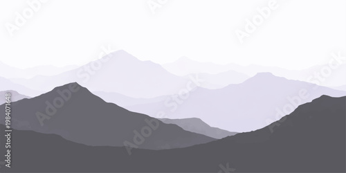 A serene blue morning landscape featuring misty mountain peaks and rolling hills silhouetted against a soft sunrise sky with a horizon of fog and clouds across the valley range