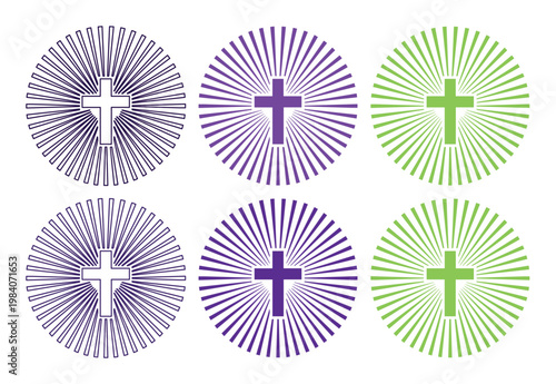 Religious Christian cross icons with sunburst rays, set of 6 colorful spiritual crucifix symbols, purple and green church graphic elements