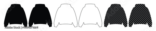 Minimalist hoodie vector silhouettes, technical flat apparel sketches for streetwear design, black and white hooded sweatshirt outline icons set