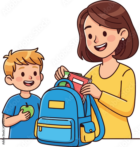 Mother and son preparing school bag.