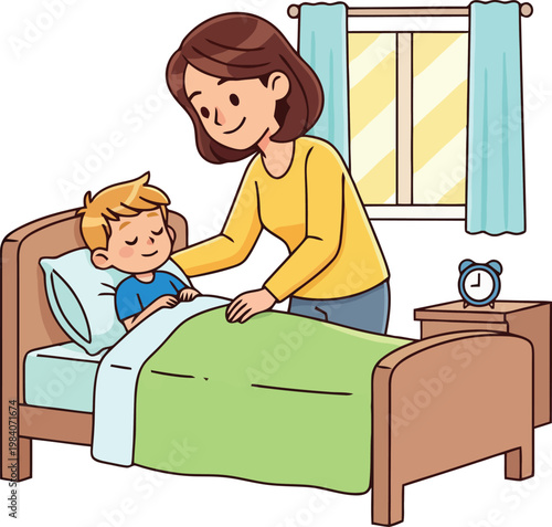 Woman tucking a boy into bed.