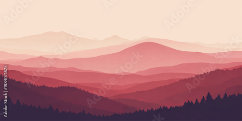 A misty sunrise illuminates the mountain forest as golden dawn light breaks through clouds over a serene valley landscape