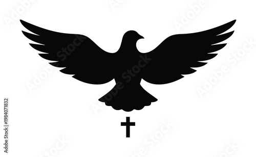 Christian dove silhouette with holy cross, religious bird flying with open wings, black spirit of peace vector icon on white background