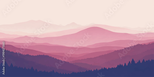 A misty sunrise illuminates the mountain range as golden light pierces through fog and clouds over a serene forest valley at dawn