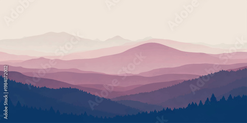 A misty morning sunrise illuminates a foggy mountain landscape as light breaks over the forest valley and clouds