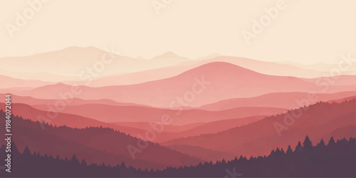 A misty sunrise illuminates the mountain forest as fog rolls through the valley beneath a glowing dawn sky