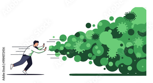 a man actively pushes against an oncoming cloud of green virus particles symbolizing disease prevention and public health defense