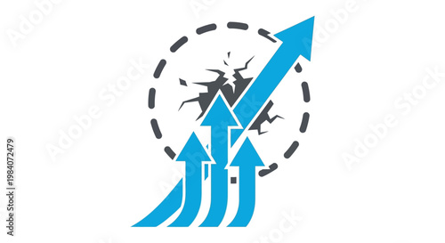blue arrows breaking through a cracked barrier symbolizing breakthrough business growth and overcoming challenges leading to success and progress.