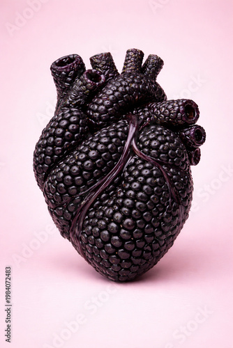 Creative Surreal Blackberry Fruit Shaped as Anatomical Human Heart with Vessels on Pink Background, Conceptual Food Art Representing Cardiovascular Health and Nutrition