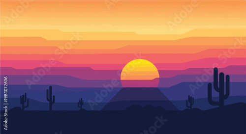 Sunset over desert landscape with cacti.