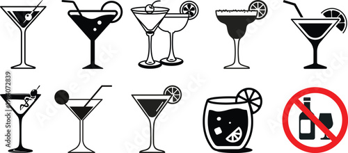 Cocktails set. Alcoholic cocktails icons. Martini cocktail. Set includes martini, mojito, whiskey, wine. Drink glass sign. Icons set for restaurant, pub, bar. Vector illustration