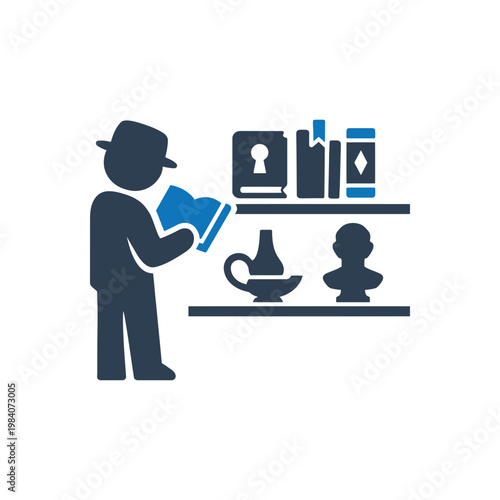 Curator Examining Historical Artifacts and Rare Books Icon