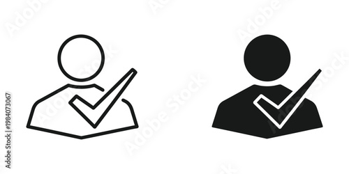Two figures holding microphones indicating approval or speaking with a checkmark