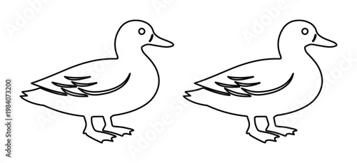 Minimalist duck line art vector, simple black and white waterfowl outline illustration, set of two mallard duckling silhouettes for coloring