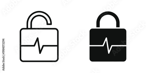Contrast of open and closed medical security locks with heartbeat symbols