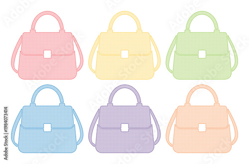 Pastel fashion handbag vector set, collection of 6 colorful feminine purses with handles, stylish leather tote bag icons for retail and shopping