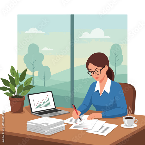 Woman working at office desk.