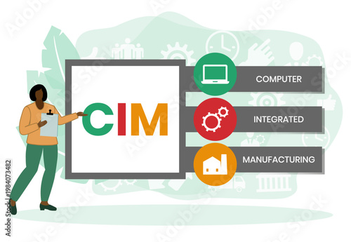 CIM, COMPUTER INTEGRATED MANUFACTURING acronym. Concept with keyword and icons. Flat vector illustration. Isolated on white.