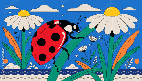 red ladybug on camomile flower, ladybird creeps on stem of plant in spring in garden in summer ai genetative 