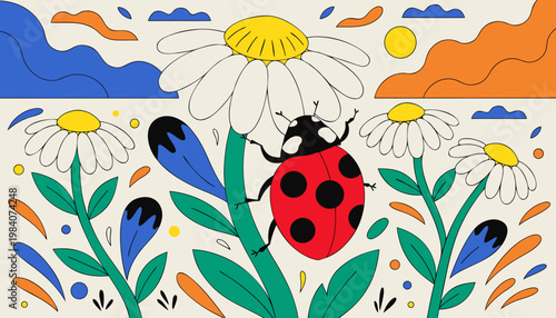 red ladybug on camomile flower, ladybird creeps on stem of plant in spring in garden in summer ai genetative 