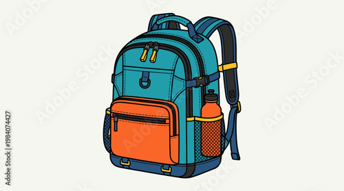 Teal and orange colored school backpack.