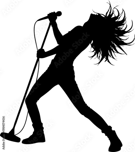 Black Silhouette of a Female Rock Singer Performing with Microphone and Long Flying Hair on White Background