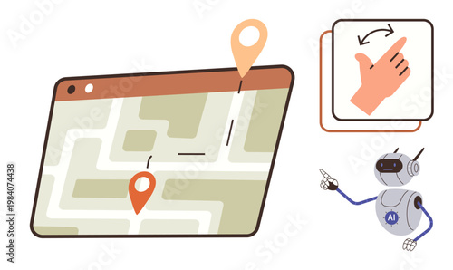 Navigation, artificial intelligence, user interface, gesture control, map technology, digital location. Map with location pins, AI robot and zoom hand gesture icon. Navigation and artificial