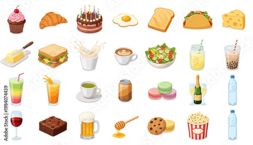 Variety of Food and Drink Items.