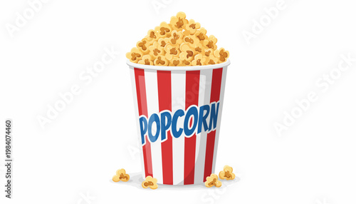 Colorful popcorn in striped bucket.