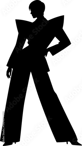 Fashion Silhouette of a Woman in an Avant Garde Power Suit with Sharp Pointed Shoulders and Wide Leg Trousers Vector Illustration