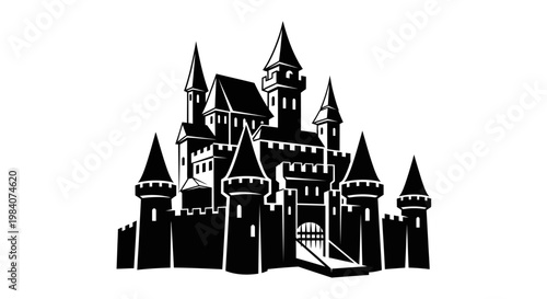 Black and white castle towers silhouette.